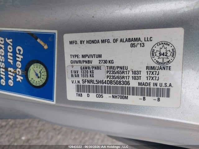 12643322 :رقم المزاد ، 5FNRL5H64DB508306 vin ، 2013 Honda Odyssey Ex-l مزاد بيع