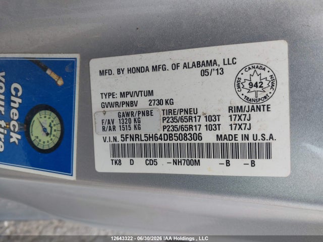 12643322 :رقم المزاد ، 5FNRL5H64DB508306 vin ، 2013 Honda Odyssey Ex-l مزاد بيع