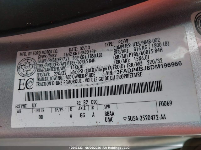 12643323 :رقم المزاد ، 3FADP4BJ8DM196966 vin ، 2013 Ford Fiesta Se مزاد بيع