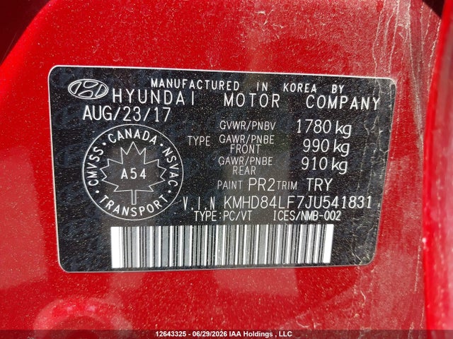 12643325 :رقم المزاد ، KMHD84LF7JU541831 vin ، 2018 Hyundai Elantra Sel/value/limited مزاد بيع