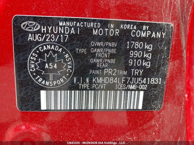 12643325 :رقم المزاد ، KMHD84LF7JU541831 vin ، 2018 Hyundai Elantra Sel/value/limited مزاد بيع