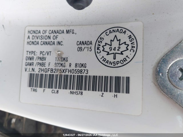 Honda Civic Lx 2015 2HGFB2F5XFH059873 Image 9