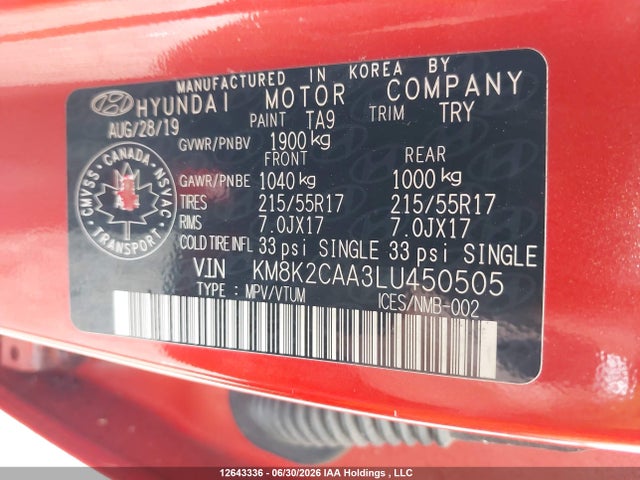12643336 :رقم المزاد ، KM8K2CAA3LU450505 vin ، 2020 Hyundai Kona Preferred Awd مزاد بيع