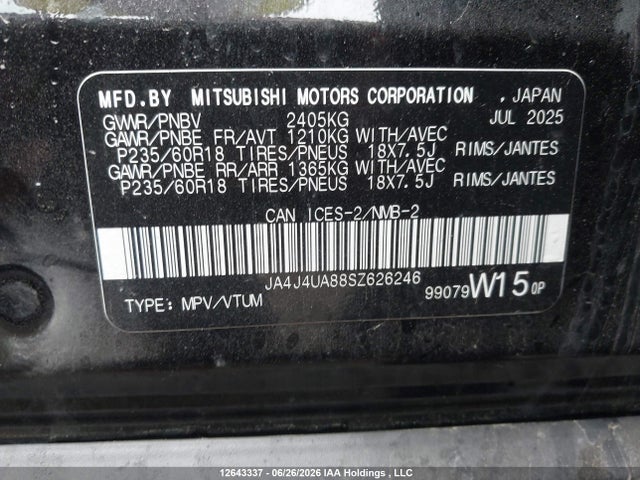 12643337 :رقم المزاد ، JA4J4UA88SZ626246 vin ، 2025 Mitsubishi Outlander Es مزاد بيع