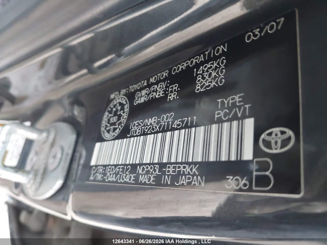 2007 Toyota Yaris მანქანა იყიდება აუქციონზე, vin: JTDBT923X71145711, აუქციონის ნომერი: 12643341
