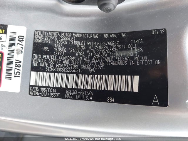 Продаж на аукціоні авто 2012 Toyota Sienna, vin: 5TDKK3DC5CS223094, номер лоту: 12643342