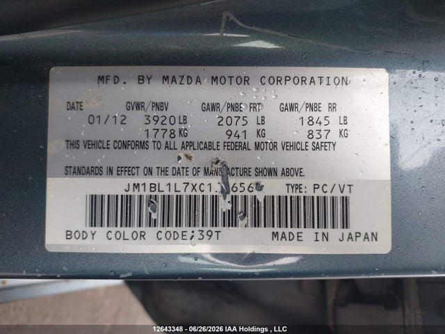 Aukcja sprzedaży 2012 Mazda 3 I, vin: JM1BL1L7XC1596568, numer aukcji: 12643348