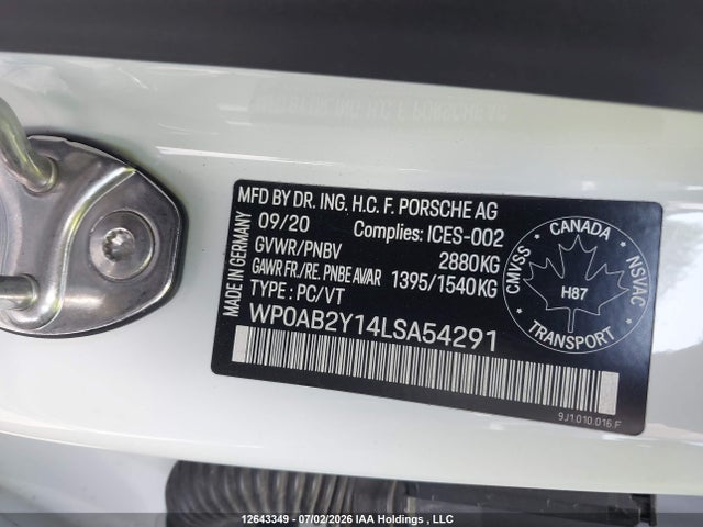 Aukcja sprzedaży 2020 Porsche Taycan 4s, vin: WP0AB2Y14LSA54291, numer aukcji: 12643349