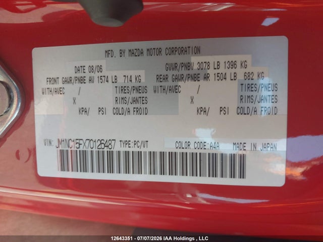12643351 :رقم المزاد ، JM1NC15FX70126487 vin ، 2007 Mazda Mx-5 Miata مزاد بيع