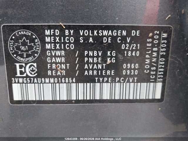 Volkswagen Golf 2021 3VWG57AU9MM016854 Image 9