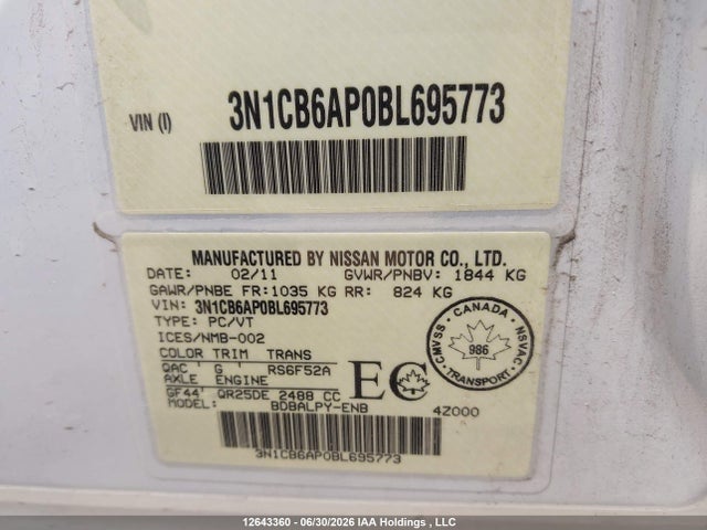 Aukcja sprzedaży 2011 Nissan Sentra Se-r Spec V, vin: 3N1CB6AP0BL695773, numer aukcji: 12643360