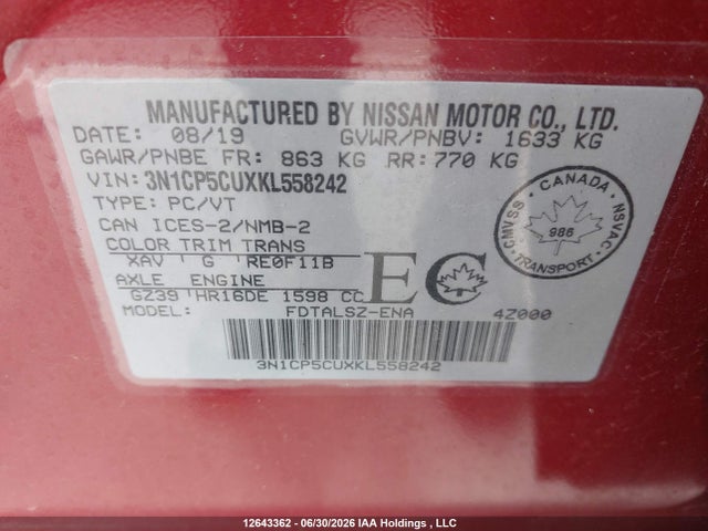 Aukcja sprzedaży 2019 Nissan Kicks S/sr/sv, vin: 3N1CP5CUXKL558242, numer aukcji: 12643362