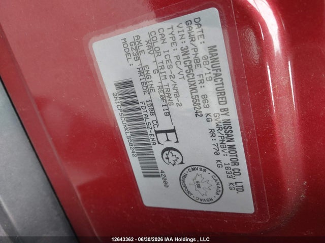 Aukcja sprzedaży 2019 Nissan Kicks S/sr/sv, vin: 3N1CP5CUXKL558242, numer aukcji: 12643362