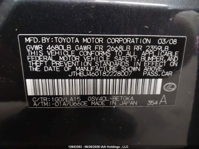 Aukcja sprzedaży 2008 Lexus Es 350 350, vin: JTHBJ46G182228007, numer aukcji: 12643363