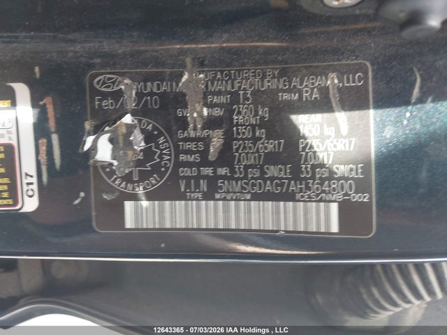 12643365 :رقم المزاد ، 5NMSGDAG7AH364800 vin ، 2010 Hyundai Santa Fe Gls مزاد بيع