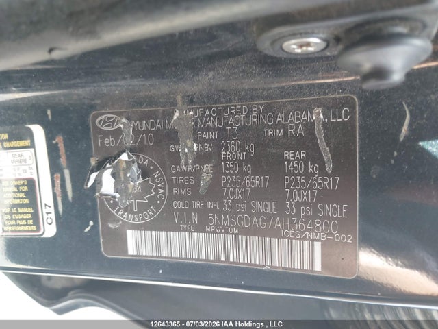 12643365 :رقم المزاد ، 5NMSGDAG7AH364800 vin ، 2010 Hyundai Santa Fe Gls مزاد بيع