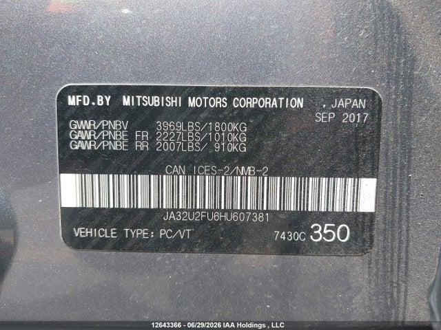 JA32U2FU6HU607381 Mitsubishi Lancer Es/se Anniversary Edition/se Black Edition/se Ltd