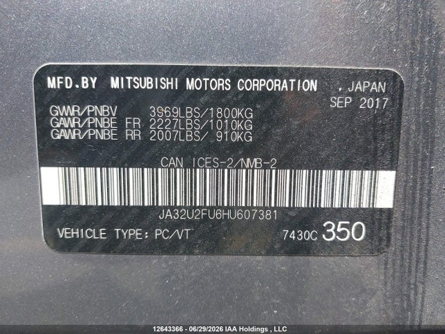 JA32U2FU6HU607381 Mitsubishi Lancer Es/se Anniversary Edition/se Black Edition/se Ltd