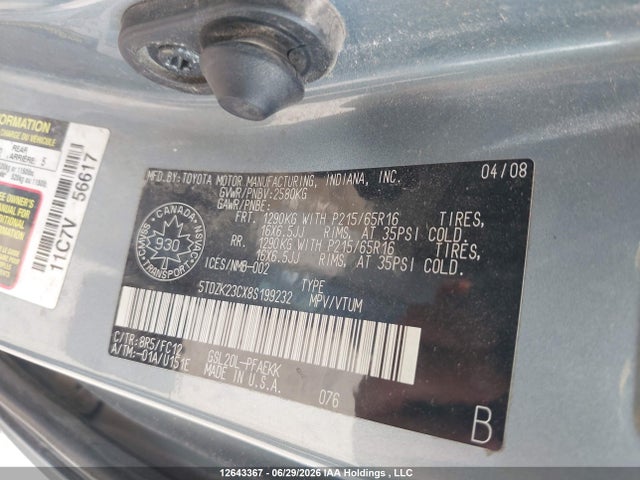Продаж на аукціоні авто 2008 Toyota Sienna, vin: 5TDZK23CX8S199232, номер лоту: 12643367