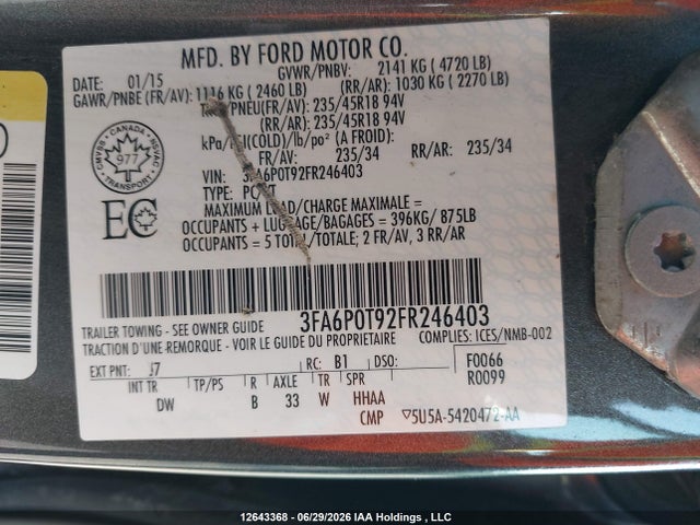 Aukcja sprzedaży 2015 Ford Fusion Se, vin: 3FA6P0T92FR246403, numer aukcji: 12643368
