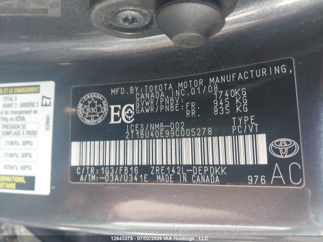 Auction sale of the 2009 Toyota Corolla Ce, vin: 2T1BU40E99C005278, lot number: 12643375