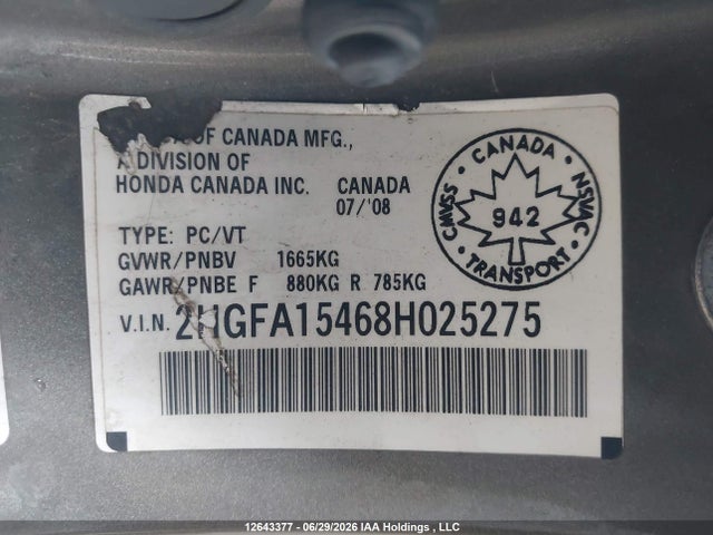 Aukcja sprzedaży 2008 Honda Civic Dx-g, vin: 2HGFA15468H025275, numer aukcji: 12643377