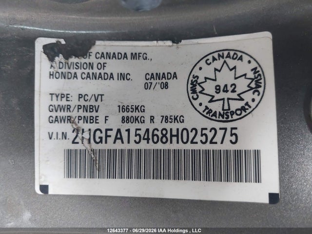 Aukcja sprzedaży 2008 Honda Civic Dx-g, vin: 2HGFA15468H025275, numer aukcji: 12643377