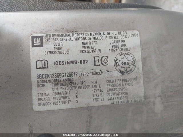 2009 Chevrolet Silverado K1500 მანქანა იყიდება აუქციონზე, vin: 3GCEK13369G126612, აუქციონის ნომერი: 12643381