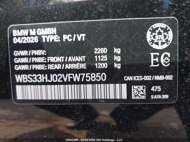 Продажа на аукционе авто 2027 Bmw M3 Competition, vin: WBS33HJ02VFW75850, номер лота: 12643389
