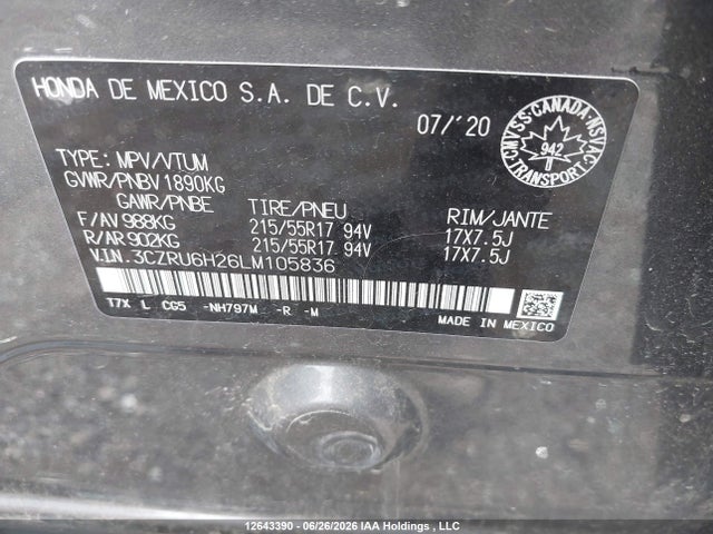 Aukcja sprzedaży 2020 Honda Hr-v Sport, vin: 3CZRU6H26LM105836, numer aukcji: 12643390
