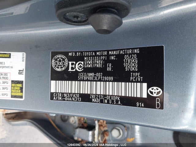 Toyota COROLLA L 2020 5YFBPRBE3LP129099 Image 18