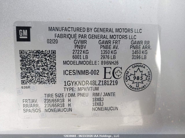 1GYKNDR48LZ181219 Cadillac Xt5 Premium Luxury