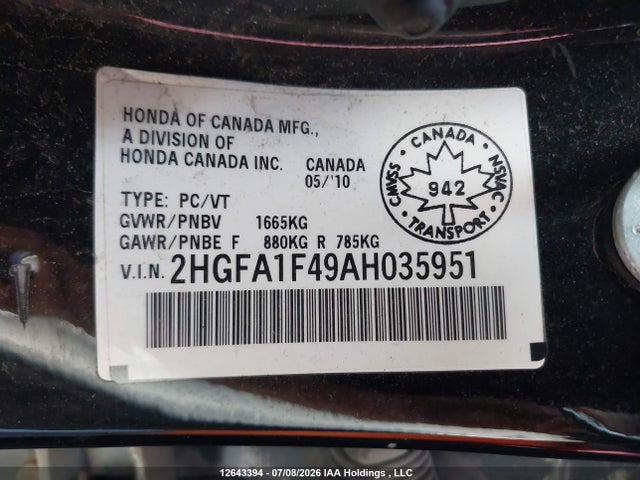 2010 Honda Civic Dx-g მანქანა იყიდება აუქციონზე, vin: 2HGFA1F49AH035951, აუქციონის ნომერი: 12643394