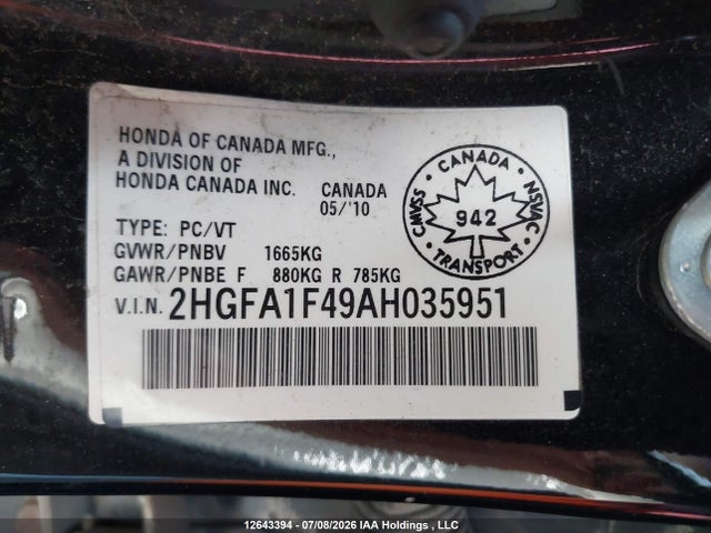 2010 Honda Civic Dx-g მანქანა იყიდება აუქციონზე, vin: 2HGFA1F49AH035951, აუქციონის ნომერი: 12643394
