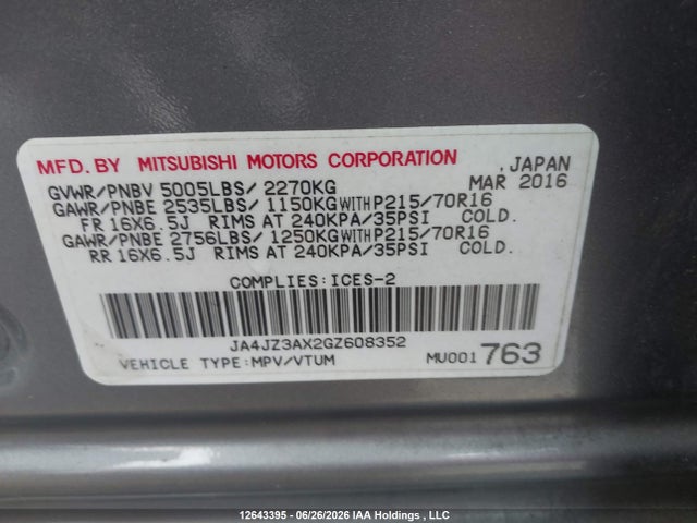 Продажа на аукционе авто 2016 Mitsubishi Outlander, vin: JA4JZ3AX2GZ608352, номер лота: 12643395