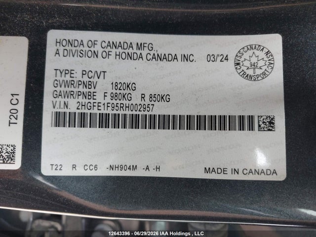 Honda Civic Touring 2024 2HGFE1F95RH002957 Image 9