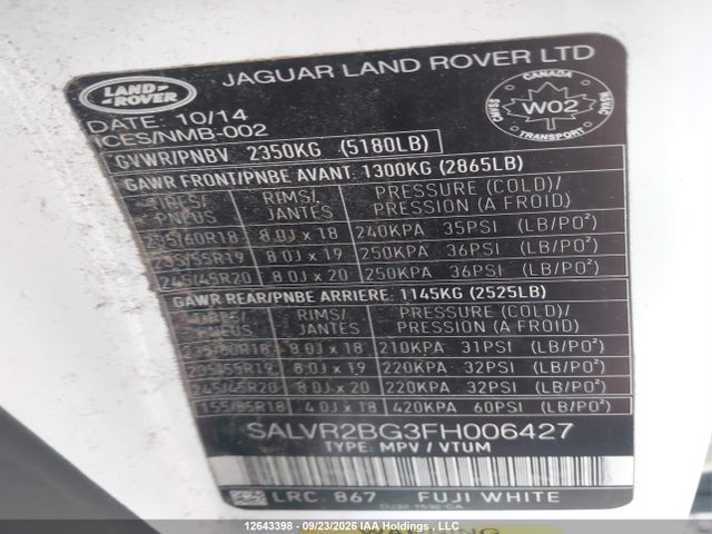 2015 Land Rover Range Rover Evoque Pure City მანქანა იყიდება აუქციონზე, vin: SALVR2BG3FH006427, აუქციონის ნომერი: 12643398