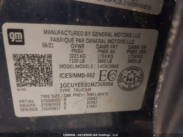 Aukcja sprzedaży 2021 Chevrolet Silverado 1500 Rst, vin: 1GCUYEED1MZ368904, numer aukcji: 12588846