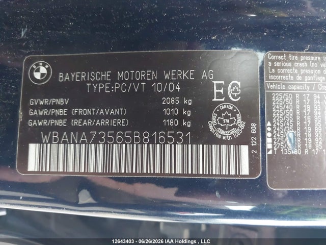 12643403 :رقم المزاد ، WBANA73565B816531 vin ، 2005 Bmw 530i مزاد بيع