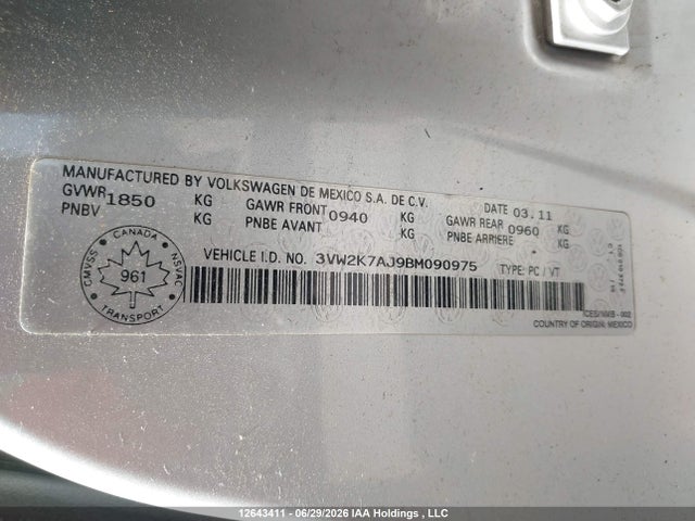 Aukcja sprzedaży 2011 Volkswagen Jetta 2.0l Trendline/2.0l Trendline+, vin: 3VW2K7AJ9BM090975, numer aukcji: 12643411