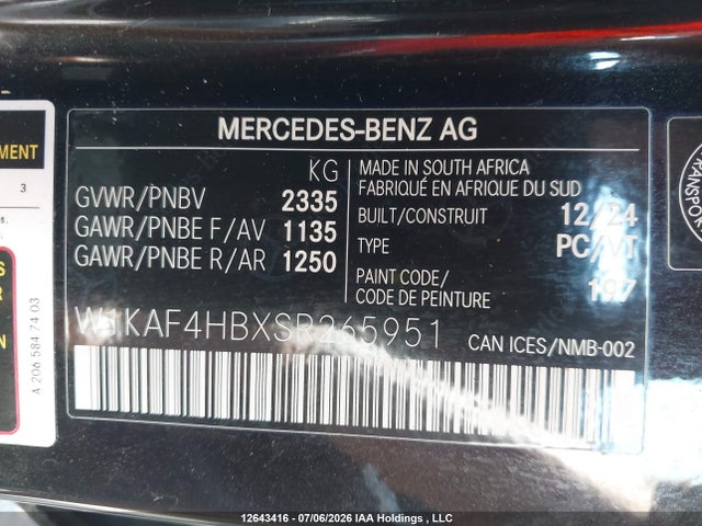 Продаж на аукціоні авто 2025 Mercedes-benz C 300 4matic, vin: W1KAF4HBXSR265951, номер лоту: 12643416