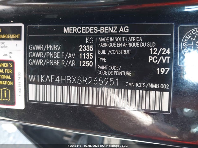 Продаж на аукціоні авто 2025 Mercedes-benz C 300 4matic, vin: W1KAF4HBXSR265951, номер лоту: 12643416