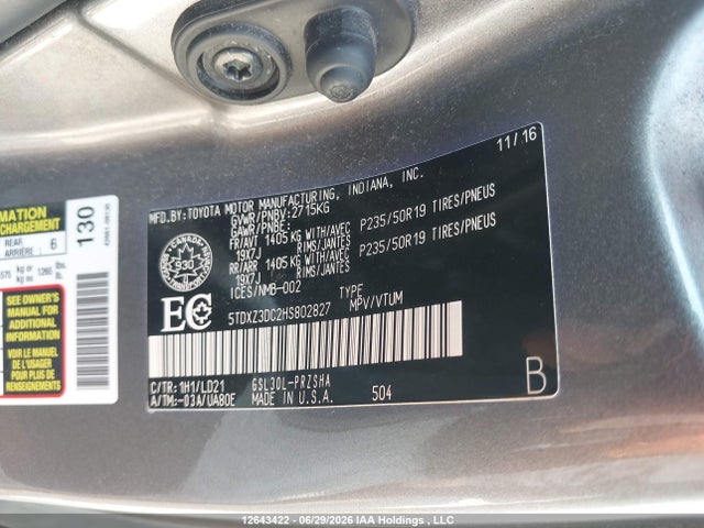 2017 Toyota Sienna Se 8 Passenger მანქანა იყიდება აუქციონზე, vin: 5TDXZ3DC2HS802827, აუქციონის ნომერი: 12643422