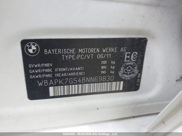 Продаж на аукціоні авто 2011 Bmw 3 Series, vin: WBAPK7G54BNN69830, номер лоту: 12643424