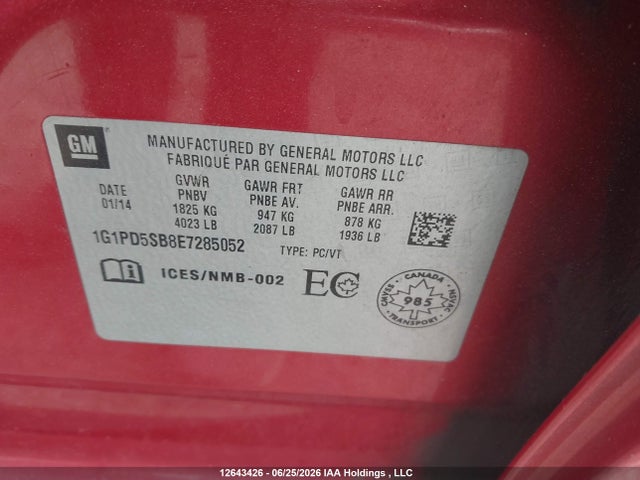Chevrolet CRUZE LT 2014 1G1PD5SB8E7285052 Image 9