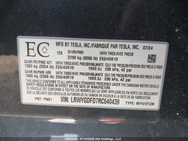 Продажа на аукционе авто 2024 Tesla Model Y Long Range/rwd, vin: LRWYGDFD7RC640439, номер лота: 12643430