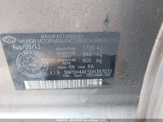 12643439 :رقم المزاد ، 5NPDH4AE5DH397032 vin ، 2013 Hyundai Elantra Gls/limited مزاد بيع