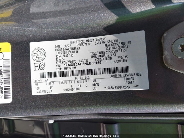 Aukcja sprzedaży 2022 Ford Bronco, vin: 1FMDE5AH5NLB58159, numer aukcji: 12643444