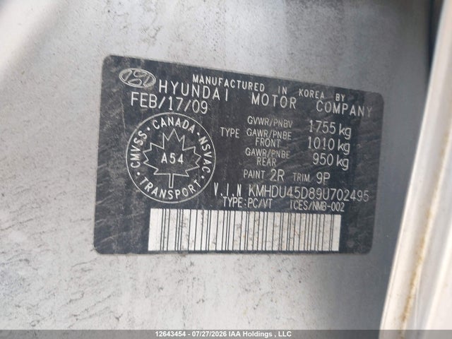 12643454 :رقم المزاد ، KMHDU45D89U702495 vin ، 2009 Hyundai Elantra Gls/se مزاد بيع