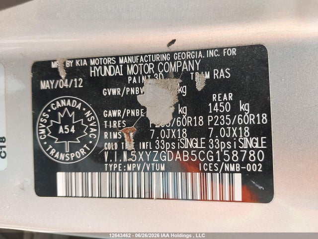 Продаж на аукціоні авто 2012 Hyundai Santa Fe Gls, vin: 5XYZGDAB5CG158780, номер лоту: 12643462
